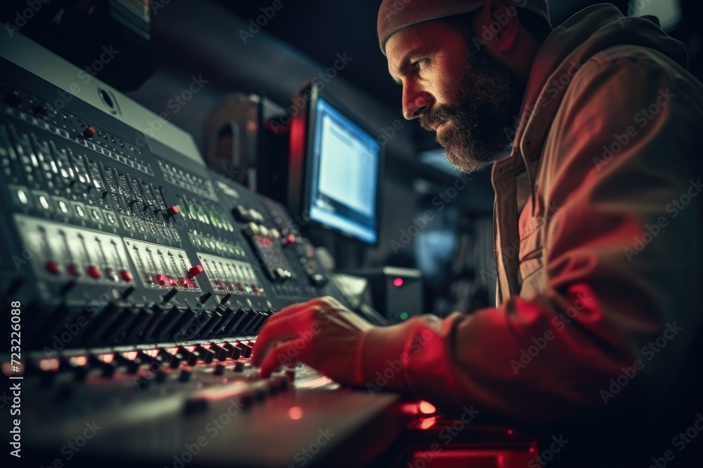Poster a man is sitting at a mixing desk in a recording studio. this image can be used to represent music p