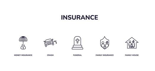 editable outline icons set. thin line icons from insurance collection. linear icons included money insurance, crash, funeral, family insurance, family house - obrazy, fototapety, plakaty