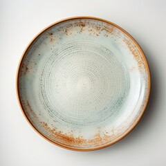 Pale Green Flat Round Ceramic Plate with Abstract Spiral Design and Gold Rim Isolated on White Background