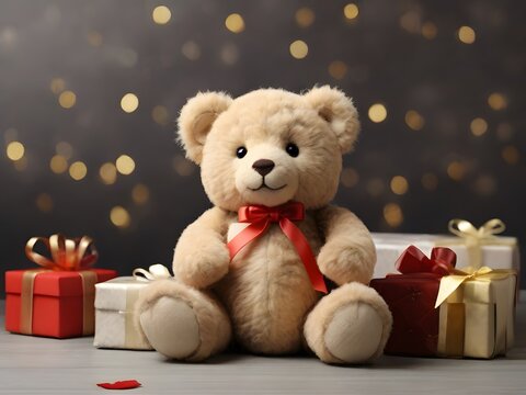 Teddy bear with red bow and gifts. The teddy bear is a classic symbol of childhood and innocence.