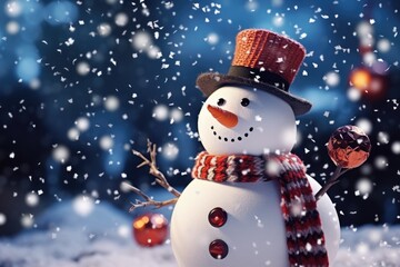 A cute snowman wearing a hat and scarf, standing in the snow. Perfect for winter-themed designs and holiday projects