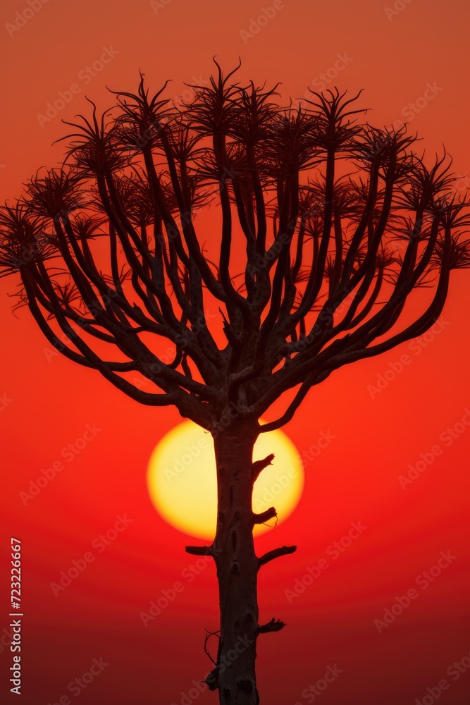 Poster the sun is setting behind a tree with no leaves. this image captures the beauty of a sunset against 