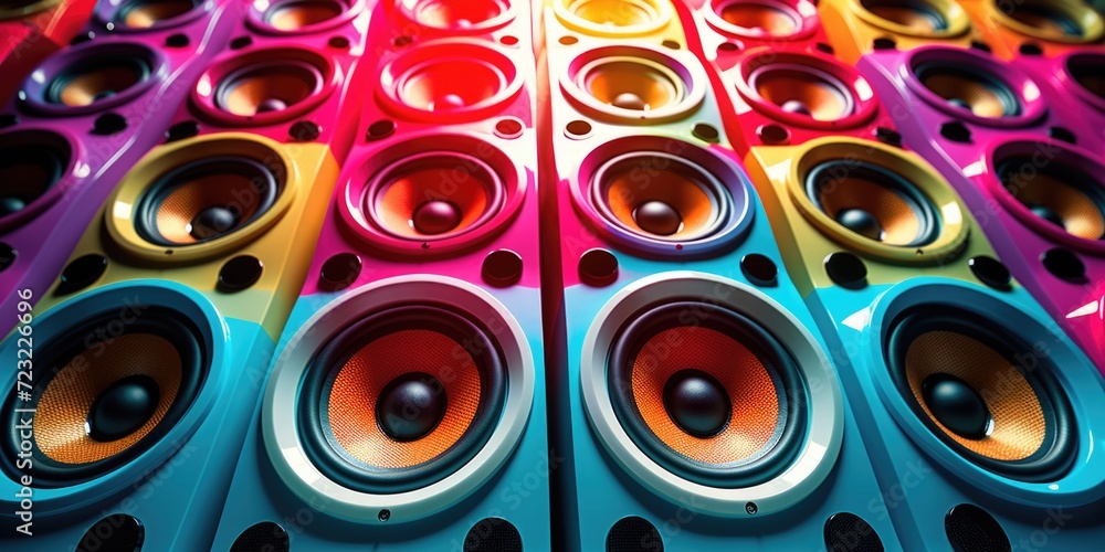 Poster A vibrant stack of speakers, perfect for adding a pop of color to any music-related project