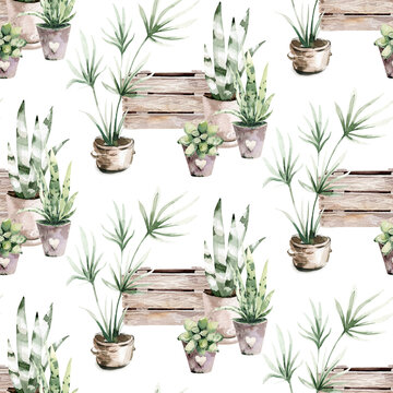 Watercolor seamless pattern of hand painted house potted houseplant. green plants in flower pots. Scrapbooking paper background of floral elements isolated on white. 