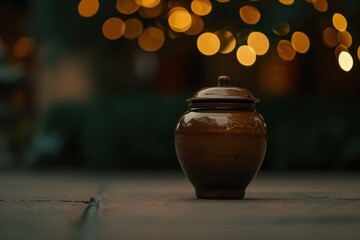 A lone brown urn on a dark backdrop with hazy lights