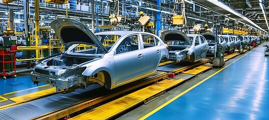 Engineer worker in automotive factory, car manufacturing process, assembly line production