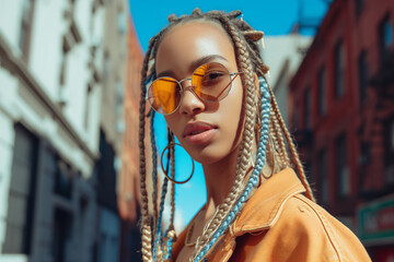 A ravishing young black female with dreadlocks and eyeglasses in the street; a portrait of a dazzling African woman with dreads and in glasses. Portrait of Afro Student. - obrazy, fototapety, plakaty