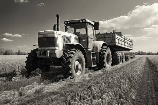 A black and white photo of a tractor in a field. Suitable for agricultural and rural-themed projects