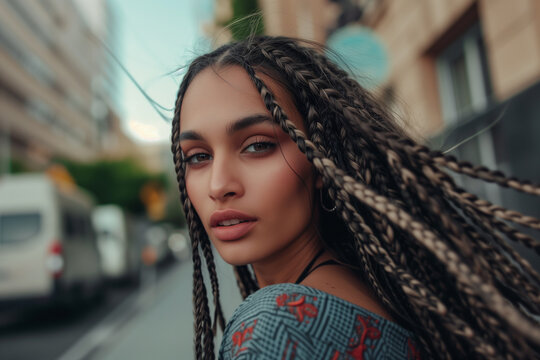 A ravishing young black female with dreadlocks and eyeglasses in the street; a portrait of a dazzling African woman with dreads and in glasses. Portrait of Afro Student.