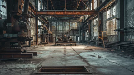 Fototapeten An empty factory floor with rusting machinery and broken windows. © Leo