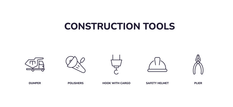 editable outline icons set. thin line icons from construction tools collection. linear icons included dumper, polishers, hook with cargo, safety helmet, plier