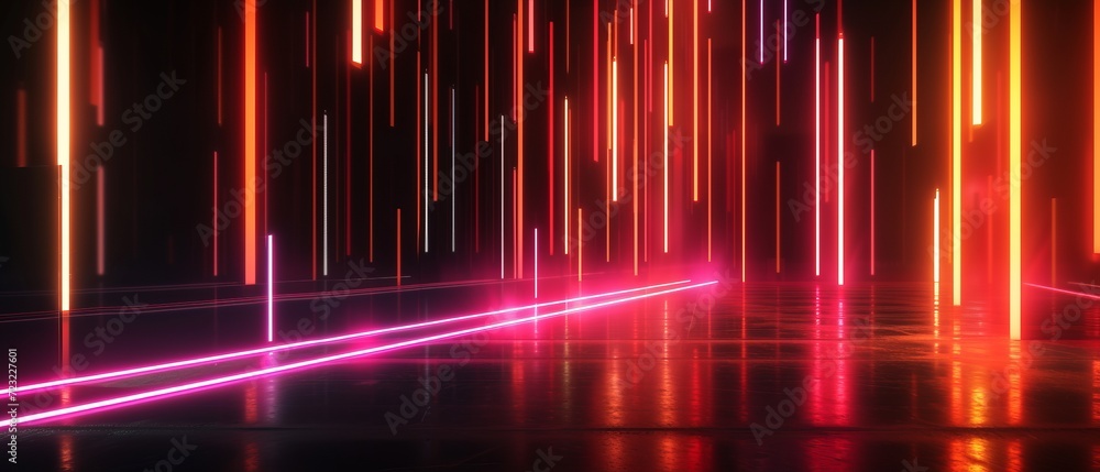 Aufkleber bold studio setting with a dark black abstract theme, neon light bars creating a pattern, infusing e