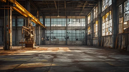 Papier Peint photo autocollant Vieux bâtiments abandonnés An empty factory floor with rusting machinery and broken windows.