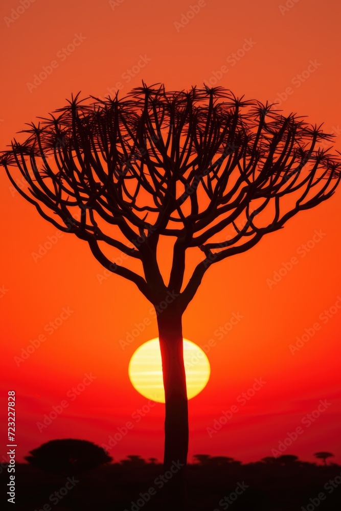 Poster a striking image of a lone tree standing in front of a beautiful sunset. perfect for nature enthusia