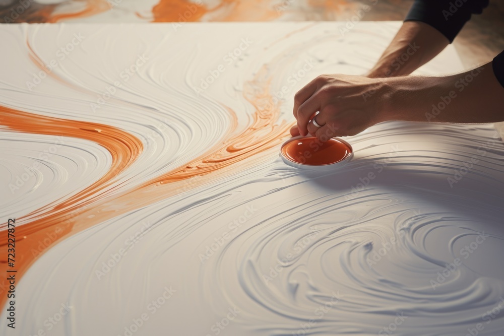 Poster a person is seen painting on a table with orange paint. this image can be used for various creative 
