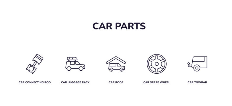 editable outline icons set. thin line icons from car parts collection. linear icons included car connecting rod, car luggage rack, roof, spare wheel, towbar