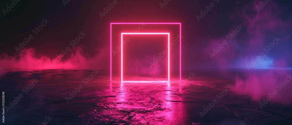 Poster a minimalist abstract background with a sharp neon square centrally placed, casting a soft luminesce