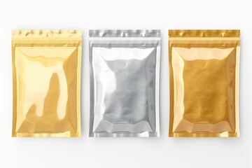 Three foil bags of different colors are placed on a white surface. This image can be used for various purposes