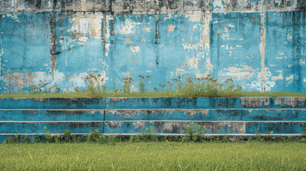 An empty sports stadium with overgrown grass and fading paint. - obrazy, fototapety, plakaty