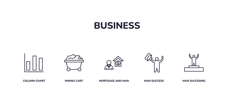 editable outline icons set. thin line icons from business collection. linear icons included column chart, mining cart, mortgage and man, man success, man succesing