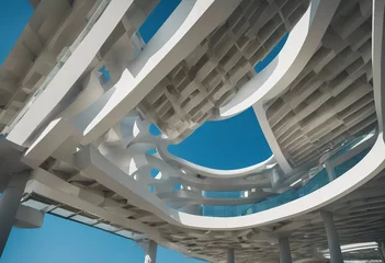 Photo sur Plexiglas Helix Bridge Bottom view multi-story car park building with blue sky view in center Architecture of spiral curve