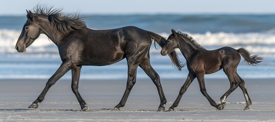 Mare and foal galloping on sandy beach at sunrise, symbolizing freedom and power
