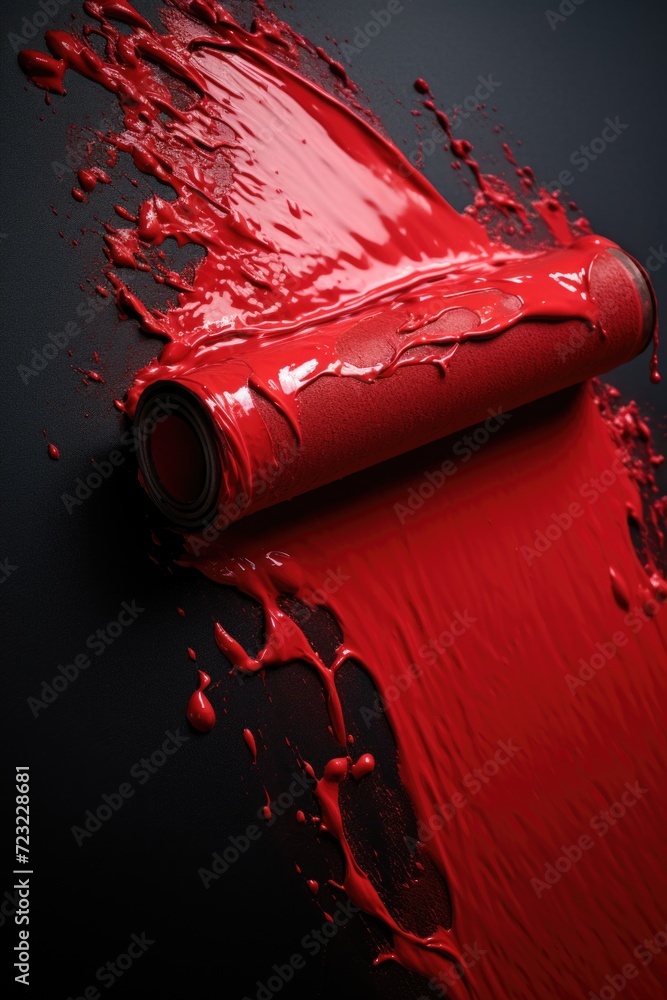 Poster a roll of red paint is seen on a black surface. this image can be used for various purposes