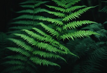 Fototapeta na wymiar Fern leaves on dark background in jungle Dense dark green fern leaves in garden at night Nature abst