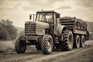 A large tractor is driving down a dirt road. This image can be used to depict agricultural activities or rural landscapes