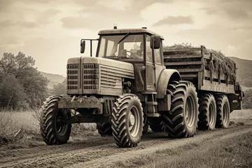 Poster A large tractor is driving down a dirt road. This image can be used to depict agricultural activities or rural landscapes © Fotograf