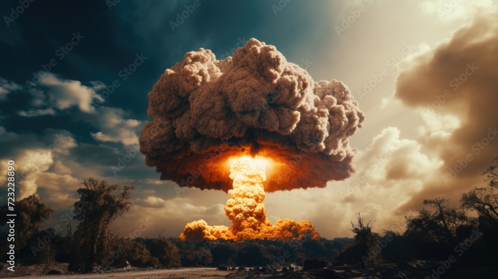 Aufkleber a powerful mushroom cloud fills the sky, depicting a catastrophic explosion. this image can be used 