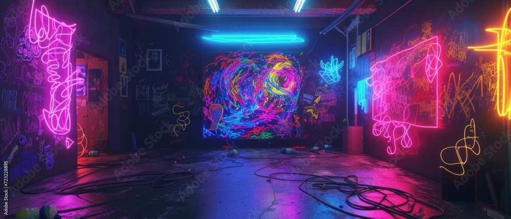 Poster avant-garde studio room, centered around a deep black abstract canvas, lit by pulsating neon lights,