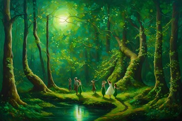 A magical St. Patrick's Day forest, shimmering green foliage, mythical creatures dancing in the moonlight