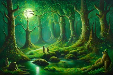 A magical St. Patrick's Day forest, shimmering green foliage, mythical creatures dancing in the moonlight