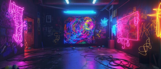 Avant-garde studio room, centered around a deep black abstract canvas, lit by pulsating neon lights, exuding a modern, lively vibe