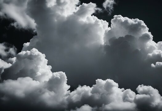 Pure white cumulus clouds on black background Cloudscape background White fluffy clouds on dark back
