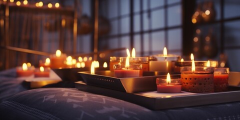 A tray of candles placed on top of a bed. Perfect for creating a cozy and romantic atmosphere. Ideal for home decor or setting up a calming spa ambiance