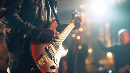 A man is seen playing a guitar while wearing a leather jacket. This image can be used to depict a musician or a performer on stage - obrazy, fototapety, plakaty