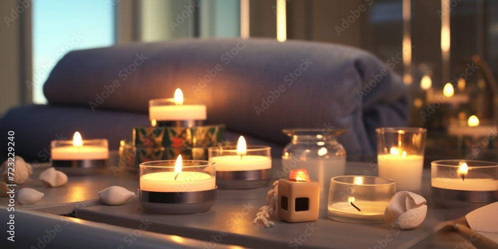 Poster A table adorned with numerous flickering candles, creating a warm and inviting atmosphere. Perfect for adding a touch of romance or creating a cozy ambiance for special occasions