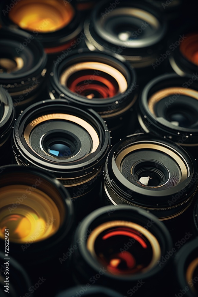 Poster a collection of camera lenses stacked on top of each other. perfect for photography enthusiasts and 