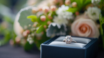 An engagement ring in a velvet box with a bouquet of flowers in the background. - obrazy, fototapety, plakaty