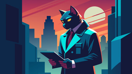 Anthropomorphic cat detective in a stylish suit standing in an urban sunset scene - obrazy, fototapety, plakaty