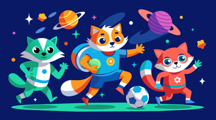 Cute animated space animals playing soccer on distant planet illustration