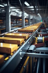 A conveyor belt with boxes moving along it. Can be used to illustrate manufacturing, logistics, or automation processes