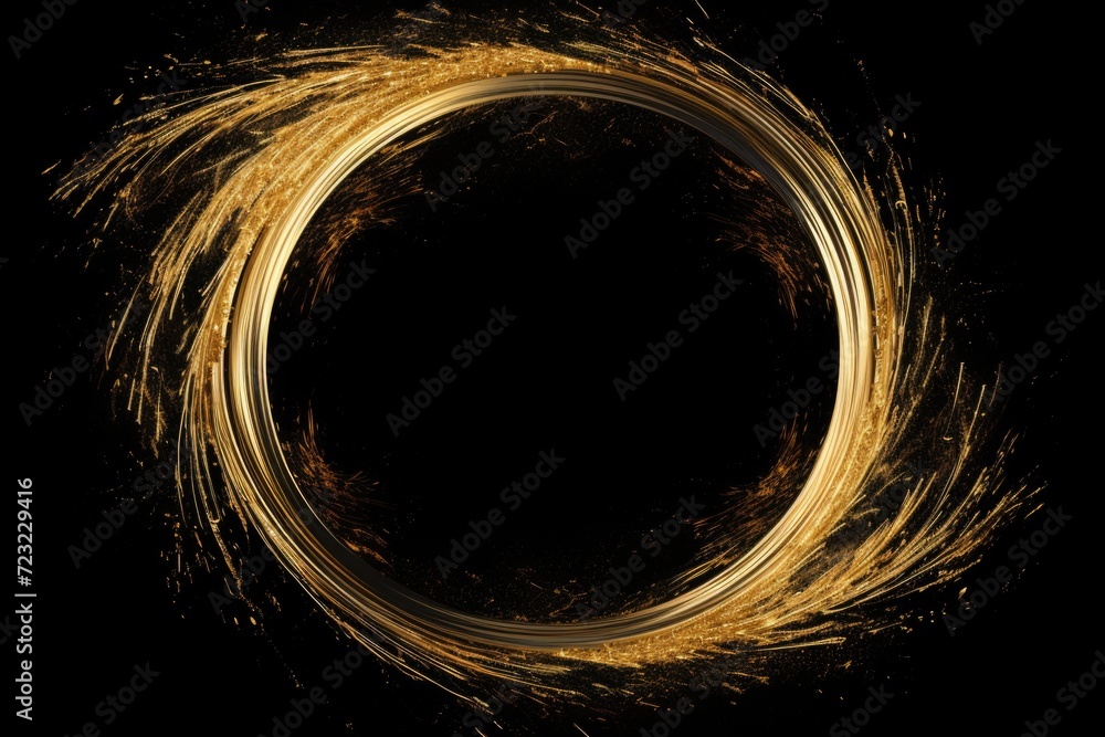 Poster A circle of gold sparkles on a black background. Perfect for adding a touch of glamour and elegance to any design