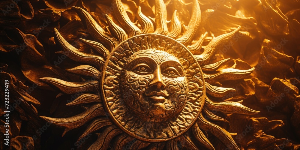 Poster a golden sun with a face in the middle, radiating warmth and happiness. perfect for adding a touch o
