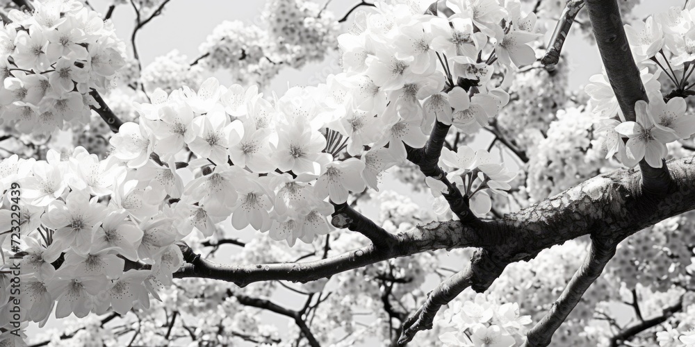 Poster a black and white photo of a tree with white flowers. can be used as a decorative element or to crea