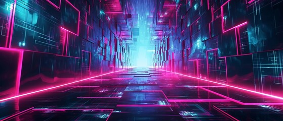 A retro-futuristic abstract background with a neon trapezoid centrally positioned, reflecting a neon-lit cityscape vibe on a dark surface