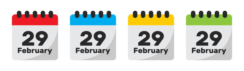 29 February 2024 leap year day calendar vector set in four different colors with shadow. - obrazy, fototapety, plakaty