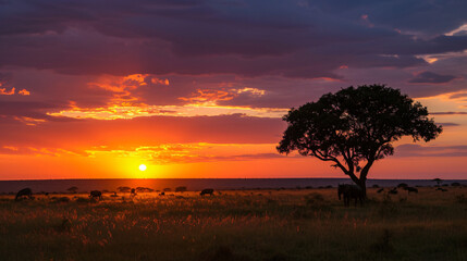 Fototapeta na wymiar An expansive savanna at sunset with silhouettes of wild animals and a vibrant sky.
